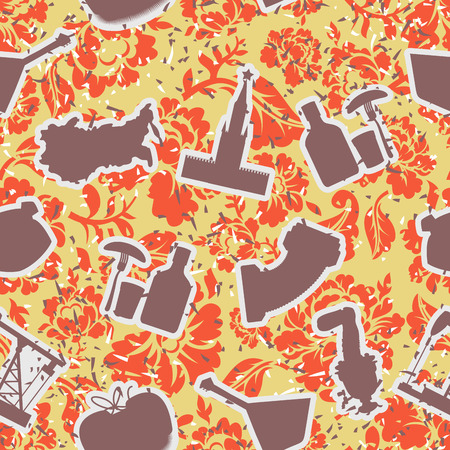 Russian symbols seamless pattern. Russia national ornament. State traditional background. Moscow Kremlin and bear. Map of Russia and samovar. Earflaps and balalaika. Dumplings and vodka. dumplings and Oil pump. Silhouettes patriotic texture painted Khokhlのイラスト素材