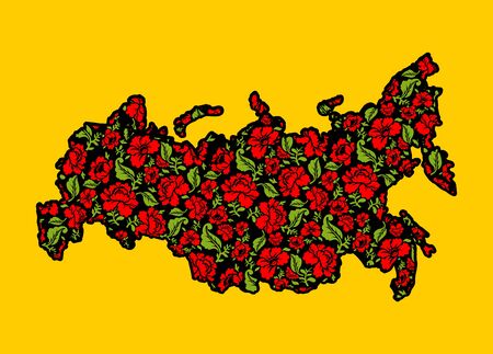 Map of Russian Khokhloma. Traditional Russian floral pattern. State border of Russian Federation. Patriotic illustrationのイラスト素材