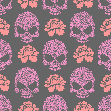 Flower skull seamless pttern. Skull of pink flowers and roses ornament. Beautiful flora textureのイラスト素材