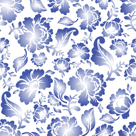 Gzhel Russian national seamless pattern. Traditional Russian retro ornament. Blue flowers on black background. vintage Patriotic Flower textureのイラスト素材