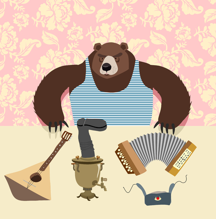 Russian bear with balalaika. Samovar. cartoon animalのイラスト素材