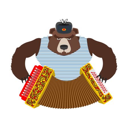 Russian patriot bear with accordion. Wild animal and Russian musical instrument. Traditional folk hat with earflapsのイラスト素材