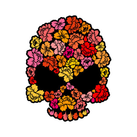 Skull with roses. Petals of flowers skeleton head. Beautiful remains. Flora skullのイラスト素材