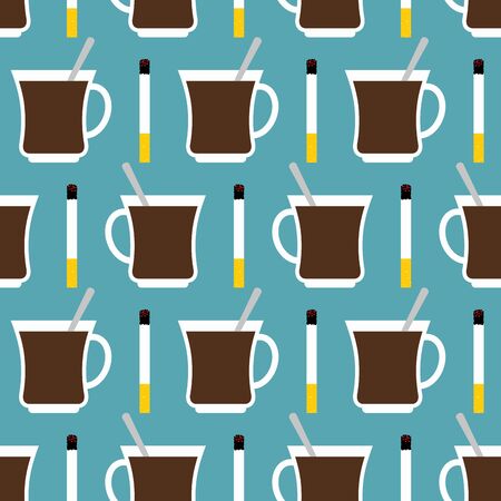 Coffee cup and cigarettes seamless pattern. Best of day sat down to texture. Invigorating drink and smoking tobacco accessories ornamentのイラスト素材
