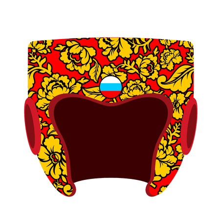 Boxing helmet Russian hohloma style. Patriot boxing accessory. National traditional folk pattern. Golden flowers on red backgroundのイラスト素材