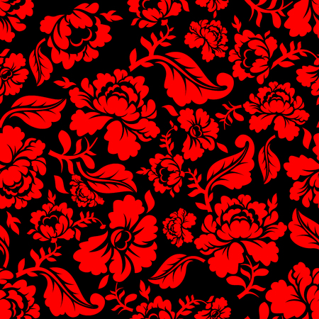 Red Rose seamless pattern. Floral texture. Russian folk ornament. Red flowers on black background. Vintage pattern in traditional Russia styleのイラスト素材