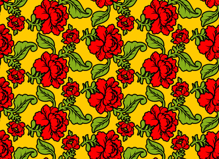 Khokhloma Russian national seamless pattern. Historic Cultural Decorative seamless design. Traditional Folk Ornament in Russia. Red flowers on gold yellow background. Patriotic Flower textureのイラスト素材