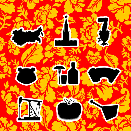 Russia symbol set. Russian national sign painted Khokhloma. State Traditional objects. Moscow Kremlin and bear. Map of Russia and smovar. Earflaps and balalaika. Dumplings and vodka. Landmark Traditional folk patternのイラスト素材
