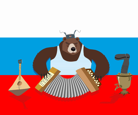 Russian bear plays accordion. Russian flag. Samovarのイラスト素材
