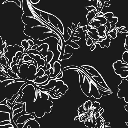 White Rose seamless pattern. Retro floral texture. Vintage Flora ornaments. Floral background. White flowers on dark backdrop.Traditional Russian ornamentのイラスト素材