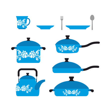 Set of dishes for cooking. Cookware: cup and saucer. Frying pan and saucepan. Knife and fork. Set blue retro dishes with flower.のイラスト素材