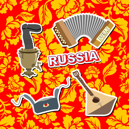 Set russian icons.  Balalaika, Samovar, Ushanka, accordion. background painting Khokhlomaのイラスト素材