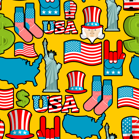 America symbols patriotic pattern. USA national ornament. State traditional background. Map of country and United States flag. Statue of Liberty and Uncle Sam. Dollar and  star.のイラスト素材