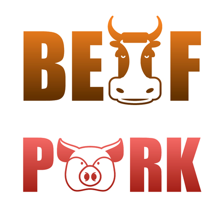 Pork and beef text. Cows and pigs. Typographyのイラスト素材