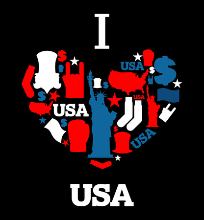 I love America. Sign heart of USA traditional folk characters. Map of country and United States flag. Statue of Liberty and Uncle Sam. Dollar and star. National patriotic American emblemのイラスト素材
