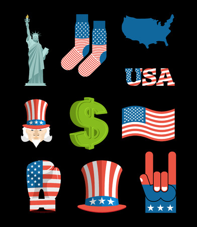 America symbol set. USA National Landmark. State traditional icons. Map and  flag United States. Statue of Liberty and Uncle Sam. Dollar and star. Patriot collectionのイラスト素材