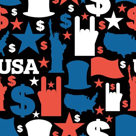 America symbols patriotic pattern. USA national ornament. State traditional background. Map of country and United States flag. Statue of Liberty and Uncle Sam. Dollar and  star.のイラスト素材