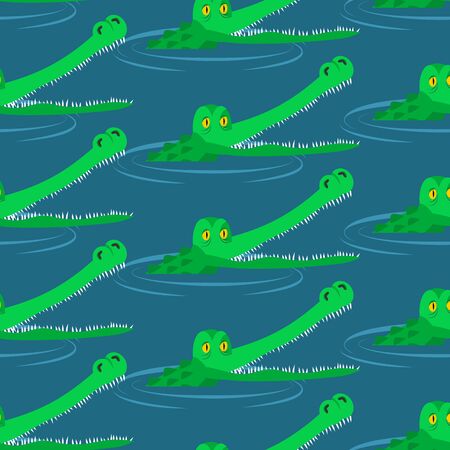 Crocodile in water seamless pattern. Large alligator in swamp ornament. Cute caimans head in pond background. Wild African animal texture. Big water reptiles. Huge African predator. Tropical beastのイラスト素材