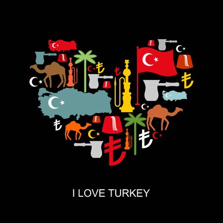 I love Turkey. Sign heart of traditional Turkish folk characters. Map and flag of country. Turk and Turkish Liras Symbol. Camels and palm trees. Fez and hookah. Turkish National Patriotic emblem.のイラスト素材