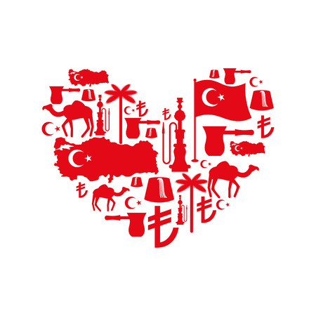 I love Turkey. Sign heart of traditional Turkish folk characters. Map and flag of country. Turk and Turkish Liras Symbol. Camels and palm trees. Fez and hookah. Turkish National Patriotic emblem.のイラスト素材