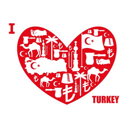 I love Turkey. Sign heart of traditional Turkish folk characters. Map and flag of country. Turk and Turkish Liras Symbol. Camels and palm trees. Fez and hookah. Turkish National Patriotic emblem.のイラスト素材