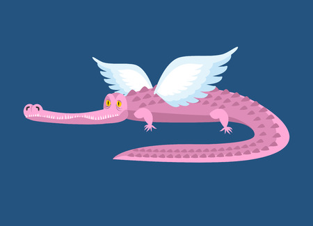 Pink crocodile with wings. Fantastic animal. Good Fairy alligator. Flying border.のイラスト素材
