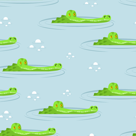 Crocodile in water seamless pattern. Large alligator in swamp ornament. Cute caimans head in pond background. Wild African animal texture. Big water reptiles. Huge African predator. Tropical beastのイラスト素材