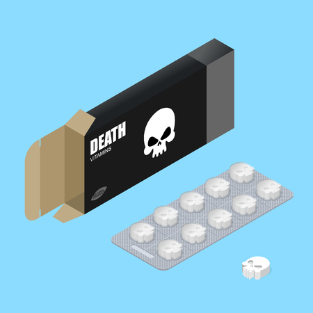 Death pills in pack. Deadly vitamins in box.  medicament for lethal outcome in form of skull. Scary poisonous medicines. Medical drugs.のイラスト素材
