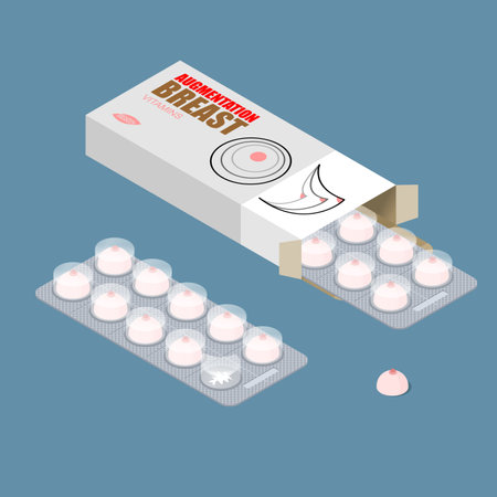 Breast augmentation vitamins. Hooters tablets. Tablets in pack. Natural beauty products. Womens Medicine. Medical drugsのイラスト素材