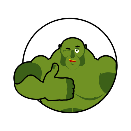 Goblin shows well. Sign all right. Thumbs up. Hand showing ok. Gesture hands Troll. Cheerful ogre with big musclesのイラスト素材
