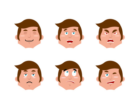 Emotions man set. expressions avatar people collection. Good and evil. Surprise and fun. Sad and aggressive managerのイラスト素材