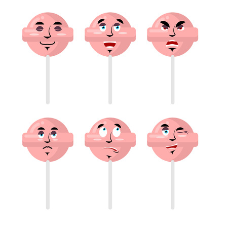 Emotions lollipop. Set expressions avatar candy. Good and evil. Surprise and fun. Sad and aggressive sweetmeatsのイラスト素材