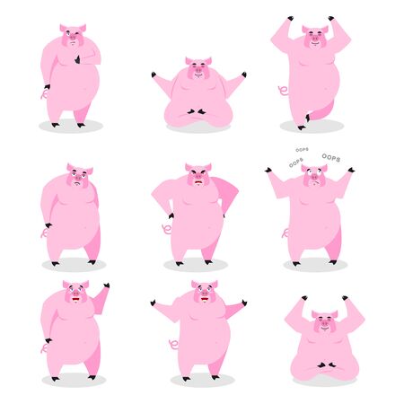 Pig set of different poses. Expression of wild boar emotions. Farm animal evil and good. Sad and happy beast. Aggressive and surprised. Farm yogaのイラスト素材