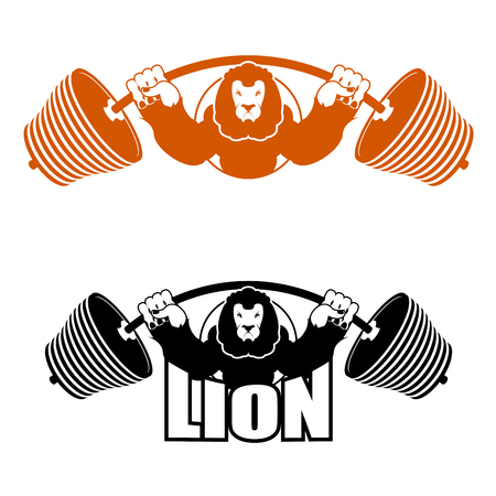 Angry Leo strong athlete. Barbell and Aggressive big beast. Lion Gym. Evil wild animal bodybuilderのイラスト素材