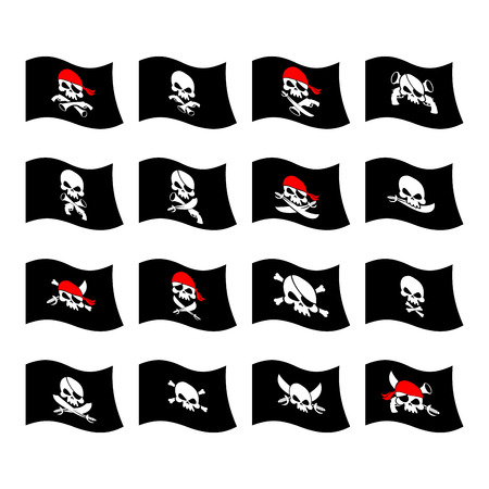 Jolly Roger. Pirate flag. Skull and crossbones. skeleton head in sling. Swords and guns. Developing black flags corsairs. Set Banner filibusters. bandits symbolのイラスト素材