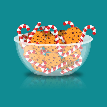 Peppermint Christmas candy and cookies in glass bowl. Cookie in deep transparent plate. Oat biscuits with chocolate Drops. Mint stick lollipop. Sweets in dishのイラスト素材