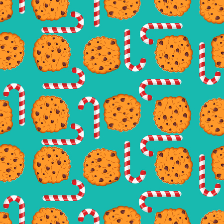 Peppermint Christmas candy and cookies pattern. Sweet festive background. Mint stick and cookie ornament. New Year tradition food textureのイラスト素材