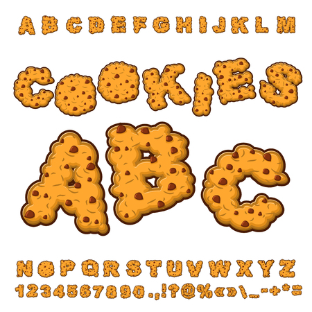 Cookies font. Food lettering. Edible typography. Baking ABC. Crackers and oatmeal pastry. Biscuits with chocolate Drops alphabet. Letters of cookieのイラスト素材
