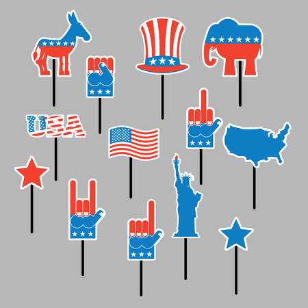 Foam sign president Election of America. Set photo props for photo shoots. Elements for photographing. Republican elephant and Democratic donkey. Symbols of political parties in American. Statue of Liberty and USA map. Fist and Uncle Sam hatのイラスト素材