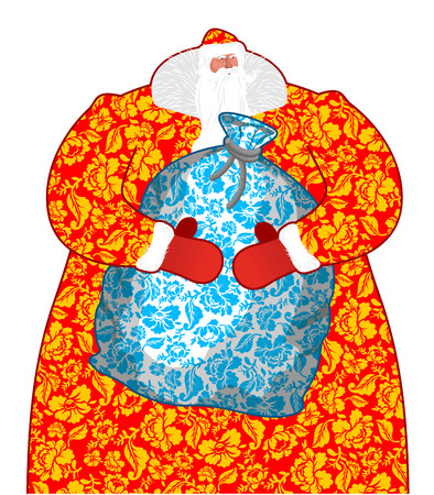 Santa Claus in Russia. Father Frost costume painting Khokhloma national pattern. Big bag with gifts. Full sack gzhel ornament folk texture. Christmas character. Illustration for new yearのイラスト素材