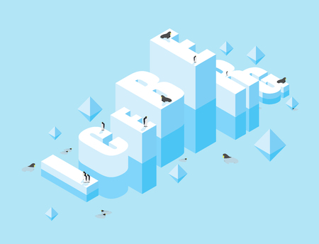Iceberg. 3D letters of ice. Icy letters typography. Large cold ice. Penguins Animals of Arctic. Animals Antarctica. Seals in ocean. Flora of North Poleのイラスト素材