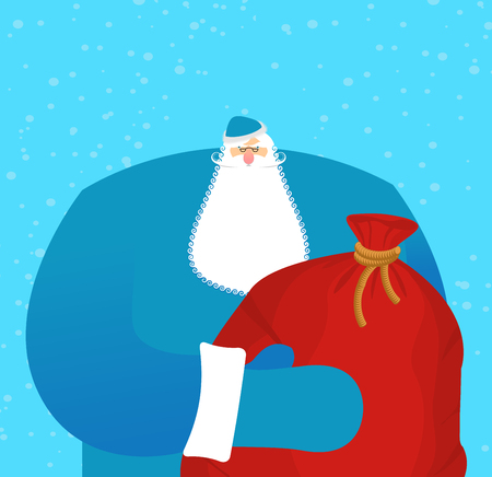 Father frost Russian Santa Claus. Great grandfather in blue suit and big red bag with gifts for children. National folk hero New Year. Character for Christmas in Russia.のイラスト素材