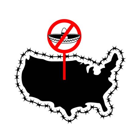 US closes border with Mexico. Stop sombrero. Map of America with barbed wire. America closes borderline in relation to immigrants and refugees. Country protects its scope. USA flag. Surrounded by perimeter fence. Ban illegal migrationのイラスト素材