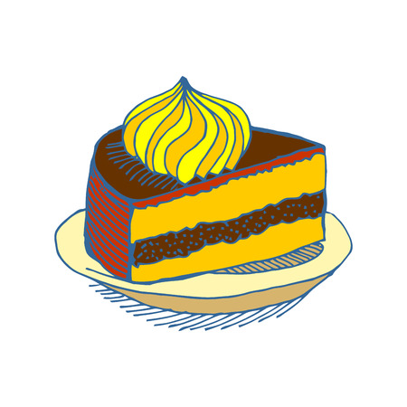 Piece of cake hand-drawing. pie isolated. Dessert on white background. Sweets cakes. Cream and biscuit. Birthday confectionery foodのイラスト素材