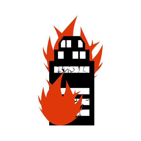 Burn building. Fire in facility. Arson home. Flames from office windows. Spontaneous disaster. Apocalypse on earthのイラスト素材