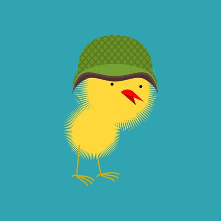 Chick in military helmet. Small Chicken. little farm yellow birdのイラスト素材