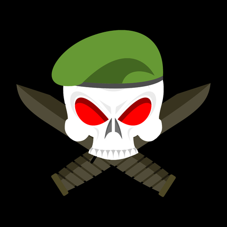 Skull in beret military emblem. Army cap and knife. Terrible sign for clothing soldiersのイラスト素材