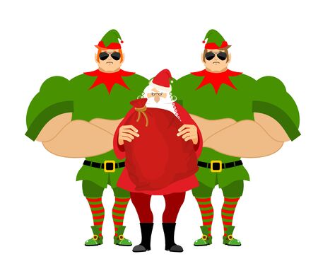 Santa Claus and elves bodyguards. Christmas Santa and guards. Protecting gifts for new year. Defender gifts for children. Big strong elf Santas helperのイラスト素材