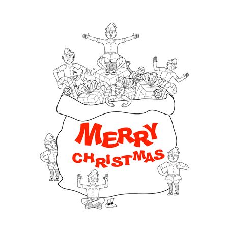 Santa bag with gift and elves. Merry Christmas. Big sack for children presents. Elf Santas helperのイラスト素材