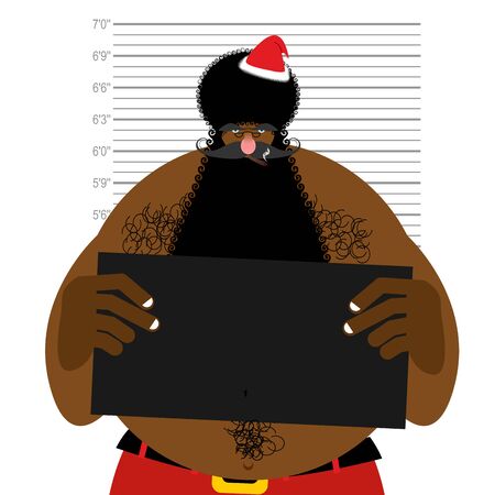 African American Santa at police station. Mugshot Black Santa gangster. Afro hairstyle and red Christmas hat.のイラスト素材
